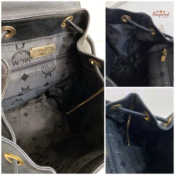 Authentic Vintage MCM Black Leather Studded Logo Motifs Flap Drawstring Backpack main image 6
